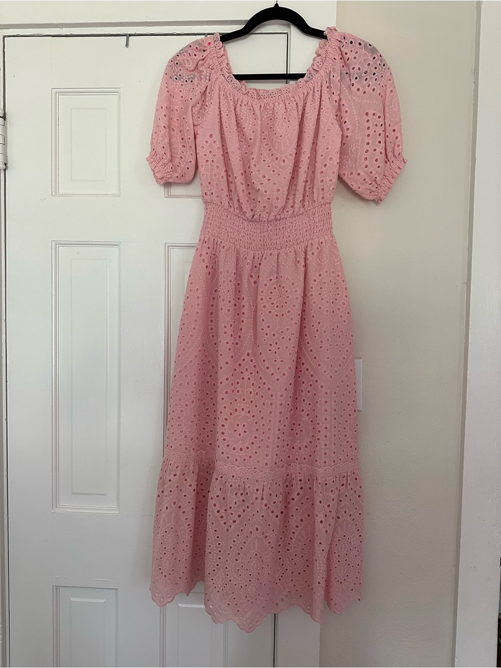Betsey Johnson Pink Eyelet Midi Dress with Puff Sleeves - Small